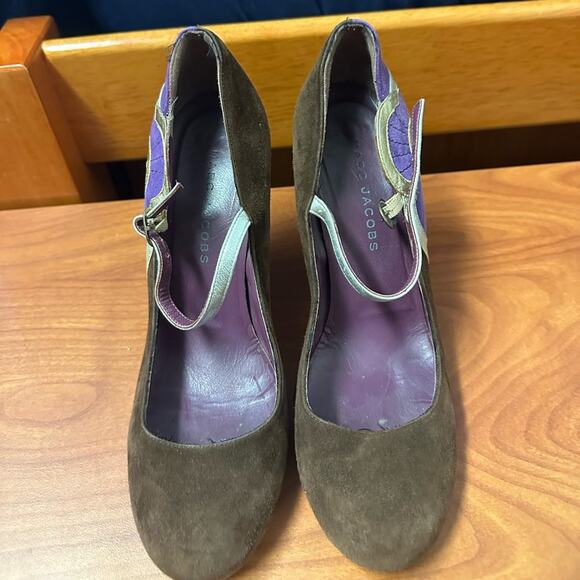 Marc Jacobs Brown Purple Mary Jane Heels Color Block Metallic Accents Size 37 - Picture 3 of 16